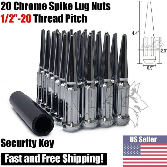 20Pc 1/2-20 Chrome Spline Spike Lug Nuts Tapered Conical Seat   Security Key