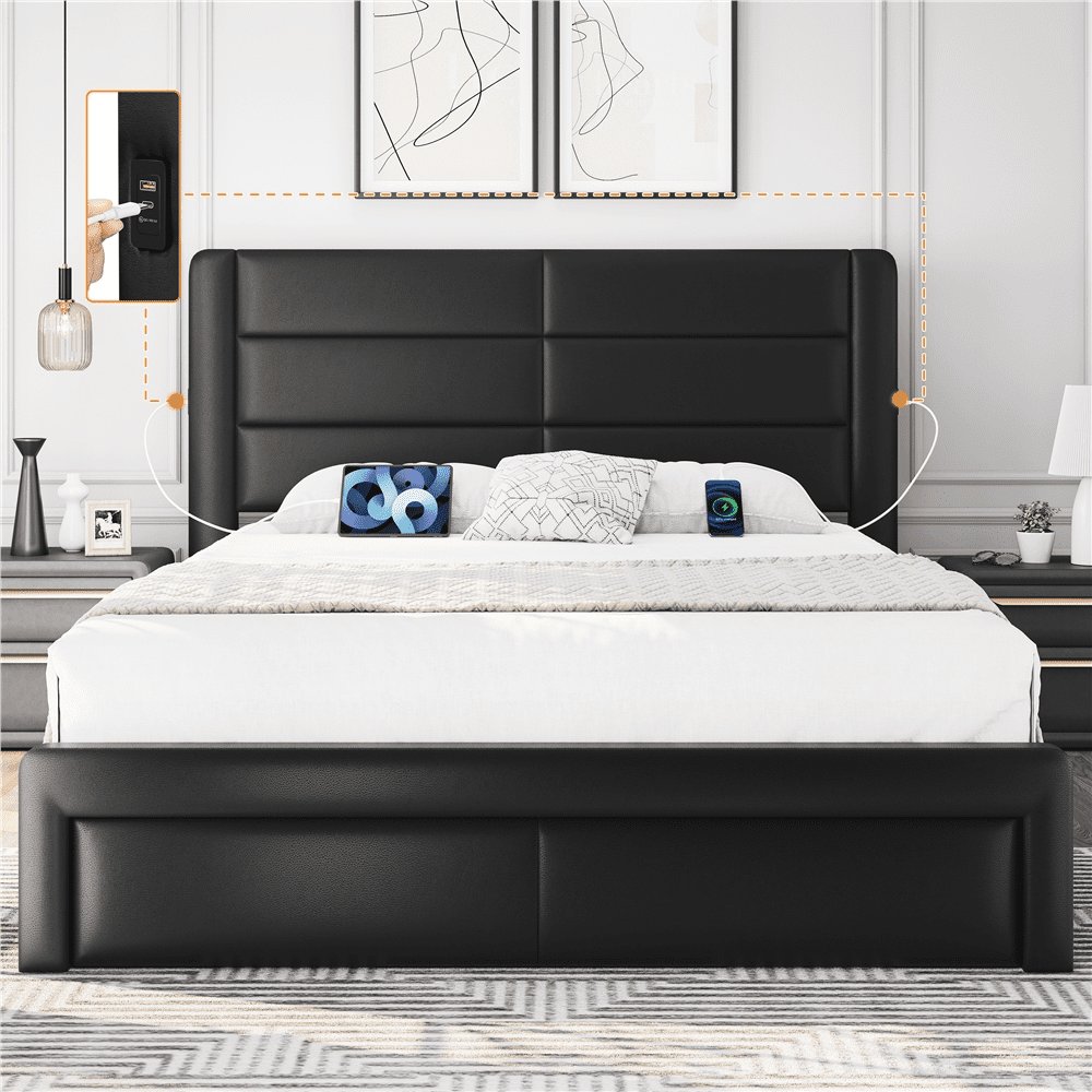 Renwick Upholstered Platform Full Bed with 3 Storage Drawers and Built-in USB Ports for Adults, Black