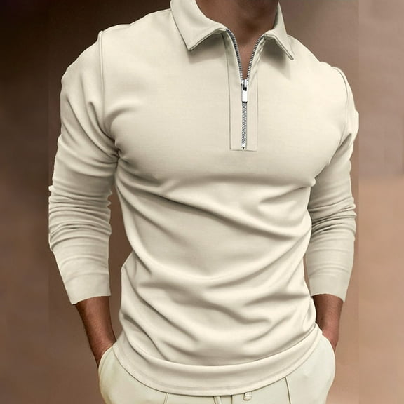 DPTALR Men's Casual Basic Long-Sleeve Pullover Shirt Turn-Down Collar Zip-Up Design,Beige,L