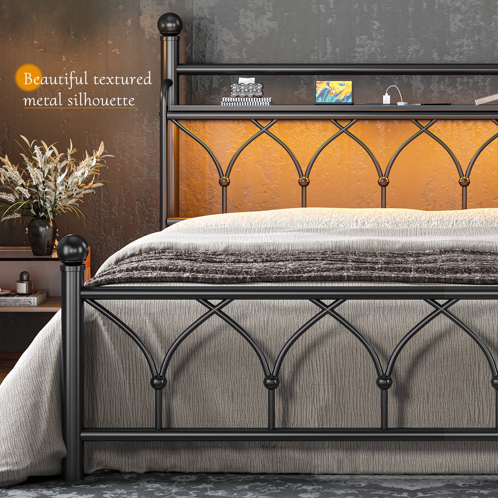 EnHomee Full Metal Bed Frame with Vintage Headboard & Footboard Metal Platform Bed Frame Full Heavy Duty Metal Bed Frame with LED Lights & Charge Station &Storage, Noise Free,Black