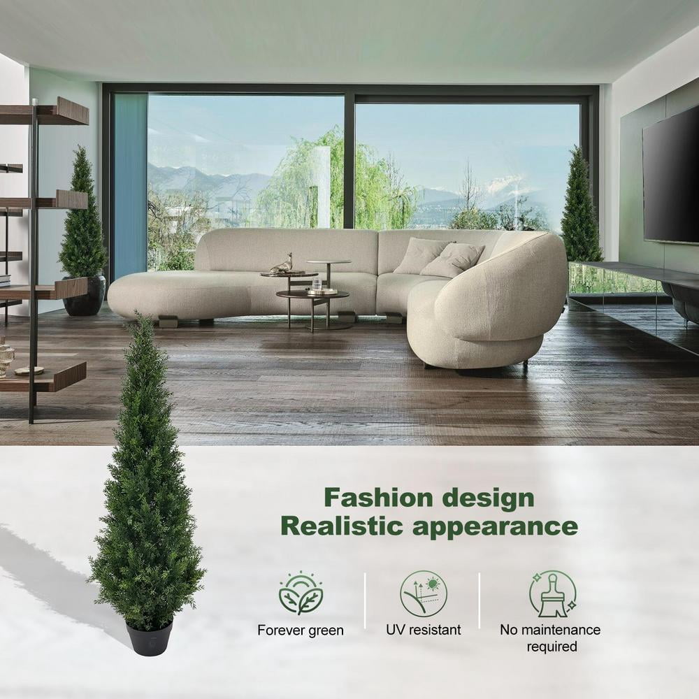 WZTO 2PCS 4FT Outdoors Potted Fake Cypress Trees Faux Evergreen Plants Artificial Topiaries 2pcs Faux Pine Tree Faux Cedar Pines for Housewarming effectual