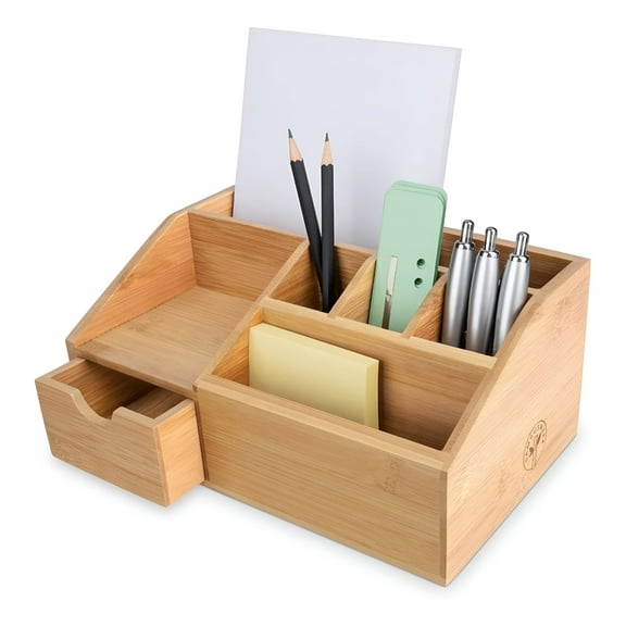 LAMIRO Bamboo Wooden Desk Organizer with Drawer Storage Pen Box