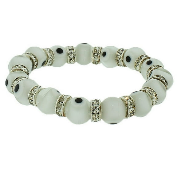 Fashion Alloy White CZ Beaded Stretch Cord Evil Eye Bracelet