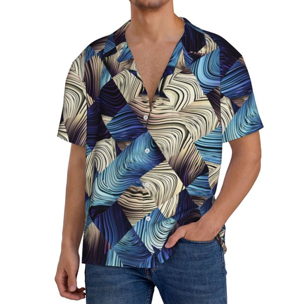 Balery Abstract Blue Squares Camisa Casual de Manga Corta con Botones para Hombre, Texturizada, Estilo Cubano, para Playa, Verano-Small