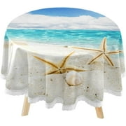SKYSONIC Summer Sunshine Starfish Round Tablecloth 60inch Indoor Wrinkle Free, Summer Holiday Sea Circular Lace Table Cover Washable for Kitchen Party BBQ Dining Decor