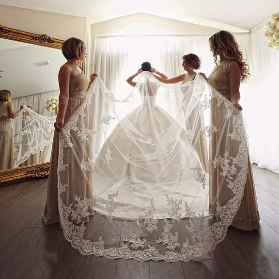 EllieWely 1 Tier Cathedral Length 3 M(118 inch) Sequin Lace Wedding Bridal Veil With Metal Comb S60 White