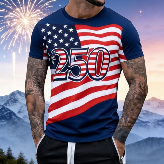 Mens Tshirts Short Sleeve 250th Anniversary USA Shirt Independence Day Graphic Tee Casual Comfortable Crewneck T Shirts for Man Navy L