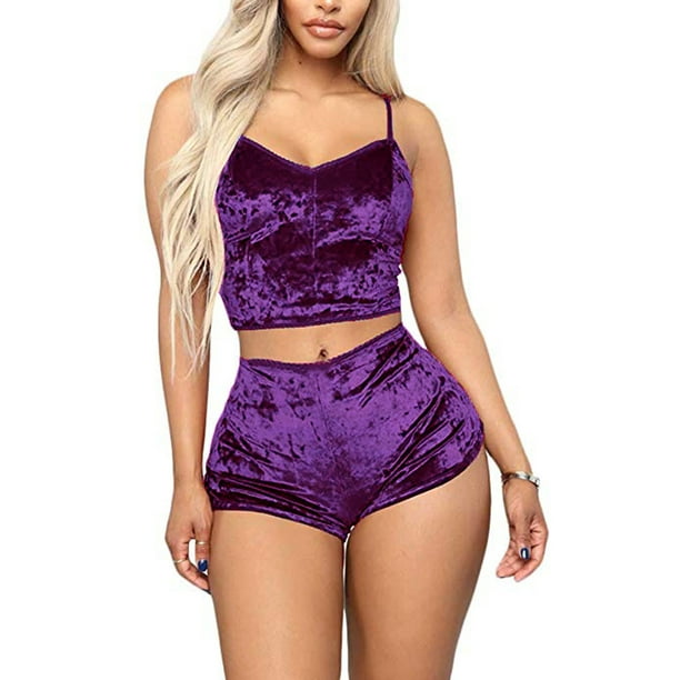 JYYYBF Women's Velvet 2 Piece Outfit Spaghetti Strap Sleeveless Crop Top + Shorts  Set Purple S - Walmart.com