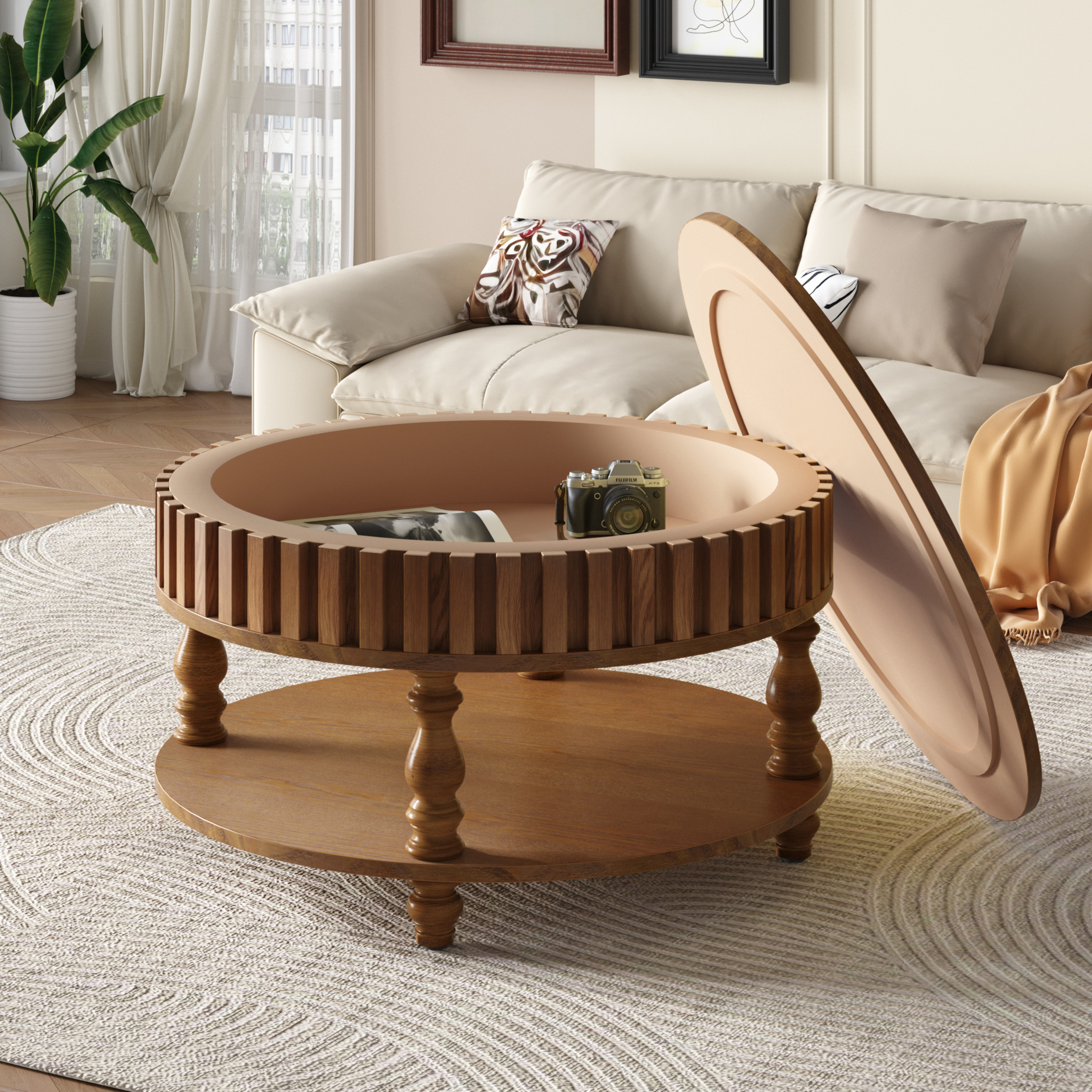 Noble house Farmhouse Fluted Coffee Table with Flip-Top Storage, Solid Wood Legs,Walnut Brown