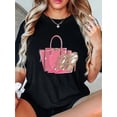 thumbnail image 1 of 1pc Women'S Fashion Casual Crew Neck T-Shirt with Geometric Pink Handbag and High Heels Print, Polyester Knit Fabric, Medium Stretch, All-Season Comfort Fit, 1 of 6