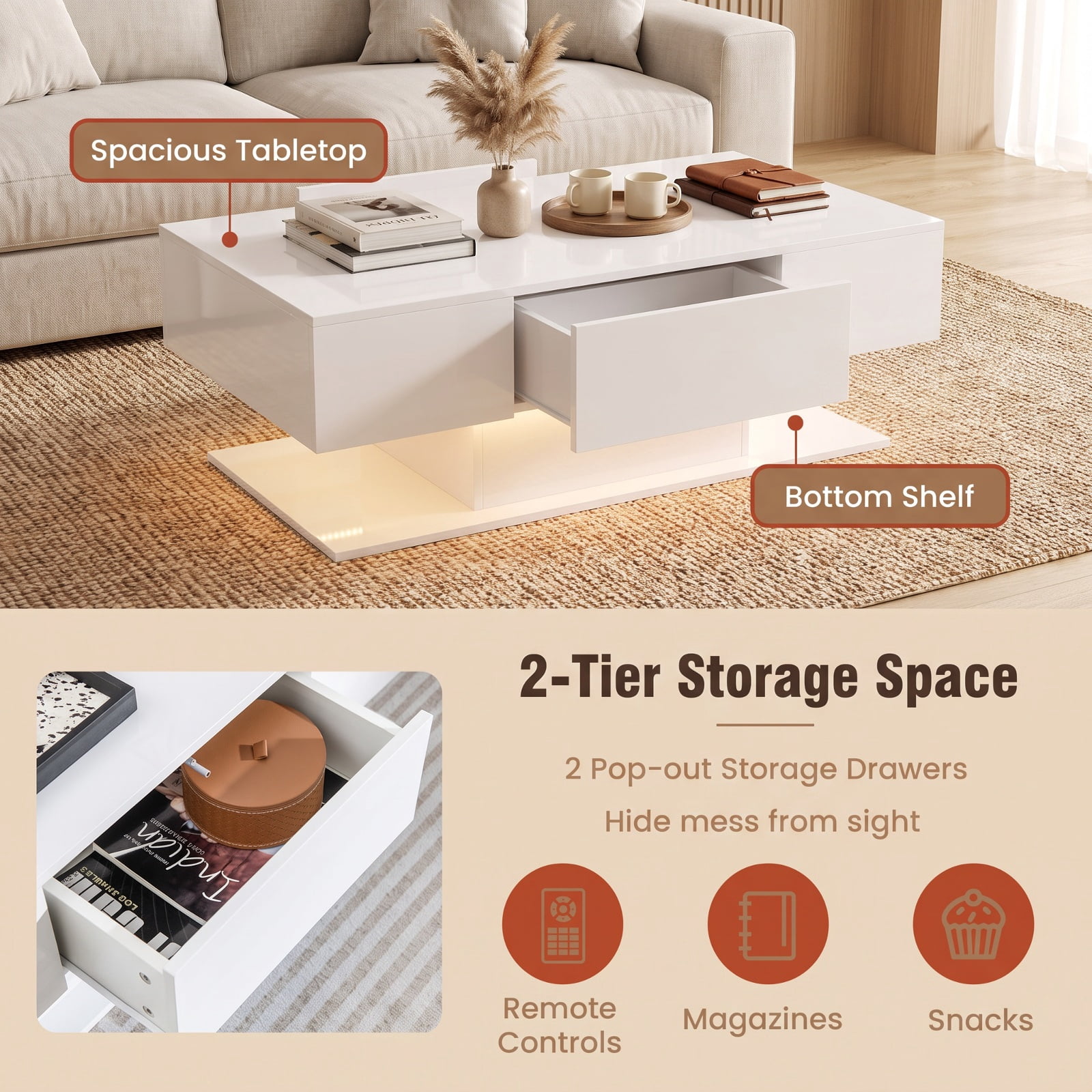 Furnibear Modern LED Coffee Table with 20 Color Lights Remote Control and 2 Push to Open Storage Drawers for Living Room, White