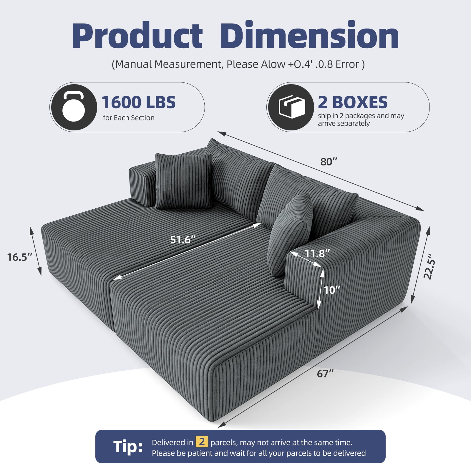 80.3" Oversized Double Lounge Chaise, Boneless Lounge Sofa Bed with 4 Pillows Cloud Loveseat Sleeper Couch for Indoor Living Room