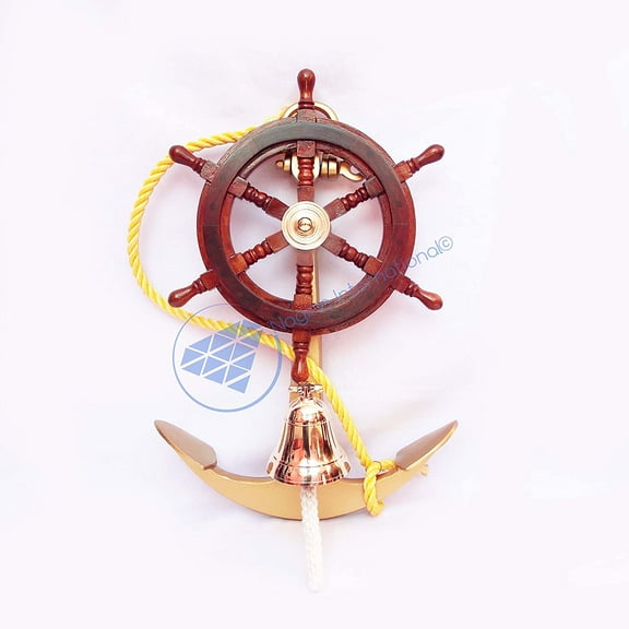 Nagina International 24" Aluminium Anchor With Brass Ship Bell & 16" Nautical Ship Wheel - Pirate Home Decorative Wall Hanging