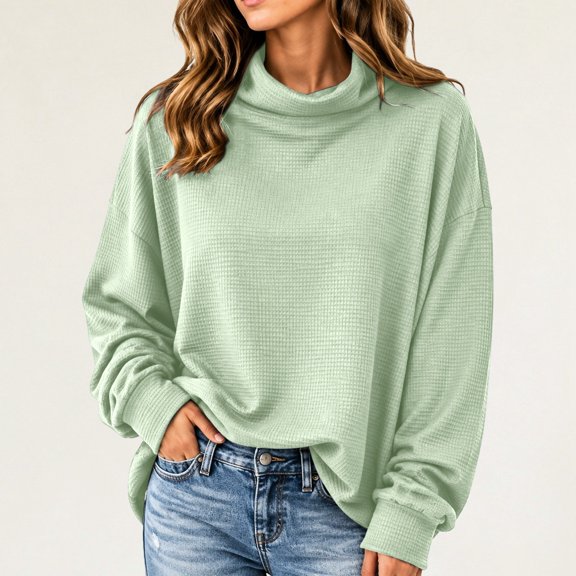 Women's Turtleneck Waffle Knit Sweatshirts Breathable Pullover Tops Fall Winter Casual Outfits Winter Clothing for Women (Green L)