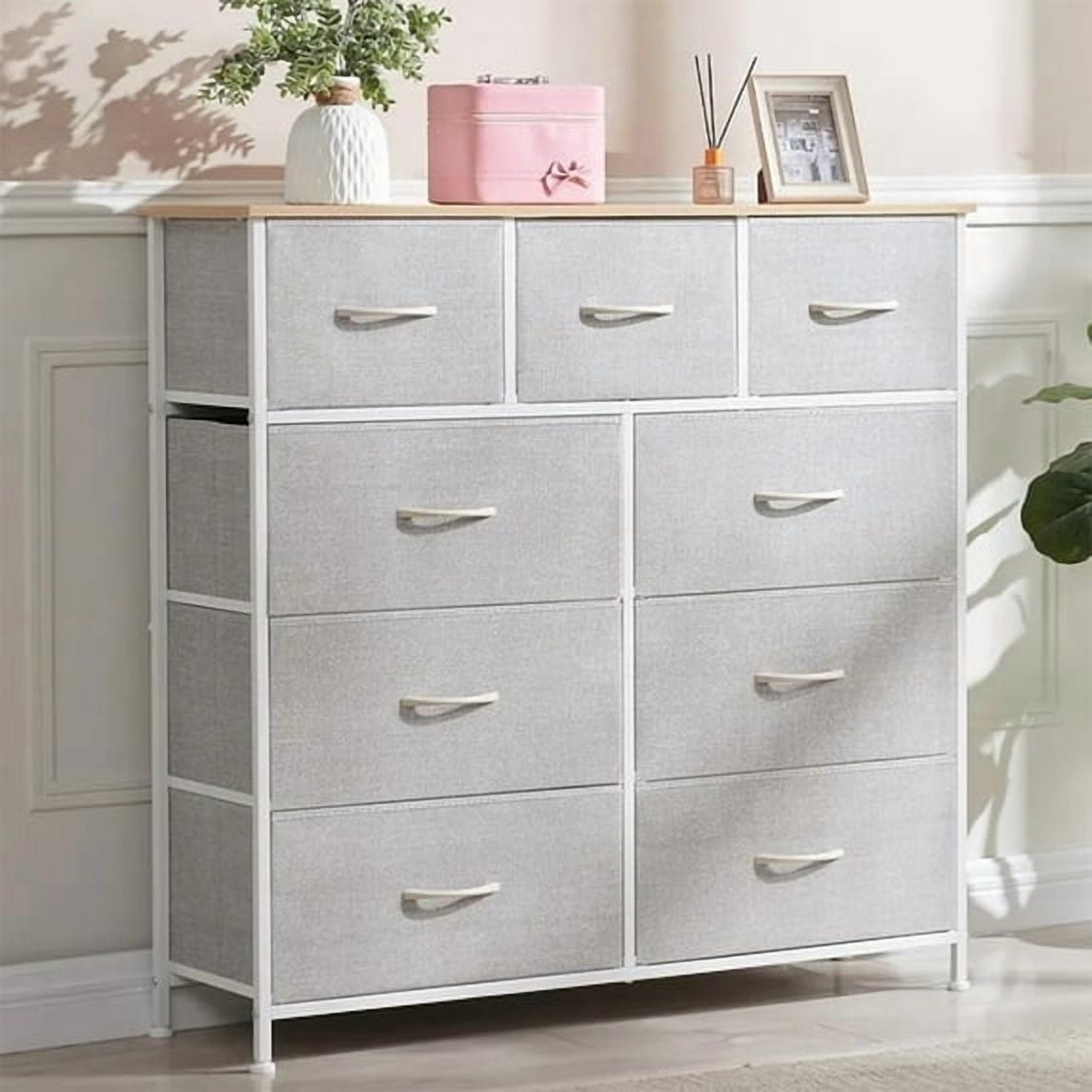 9 Drawers Dresser, Storage Dresser Organizer with Drawers, Chest of Drawers, Dresser with Metal Frame and Wood Tabletop for Bedroom, Guest Room, Closet, Entryway, Nursery, Light Gray
