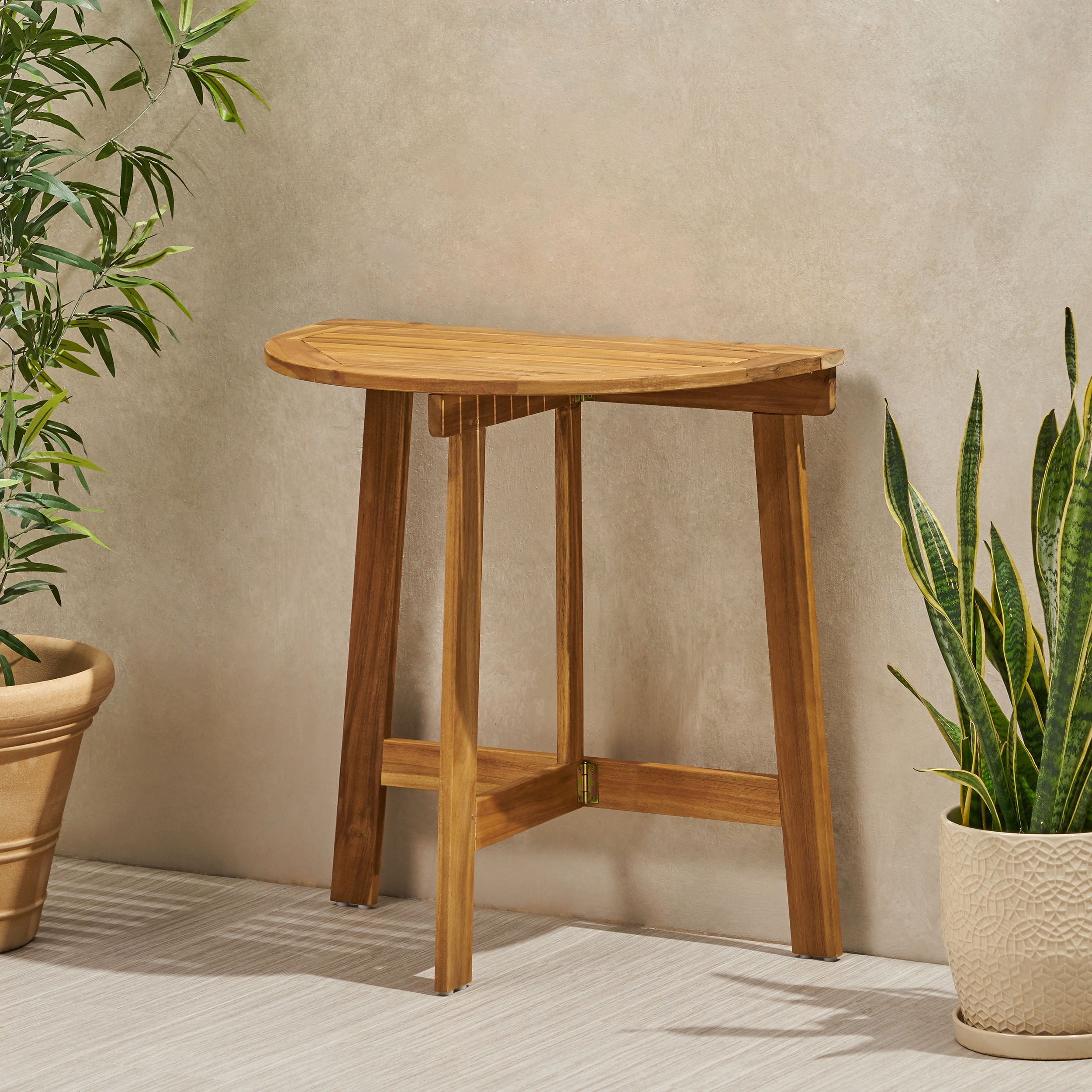 Outdoor Half Round Folding Bistro Table, Acacia Wood Desktop for Patio Balcony, Natural