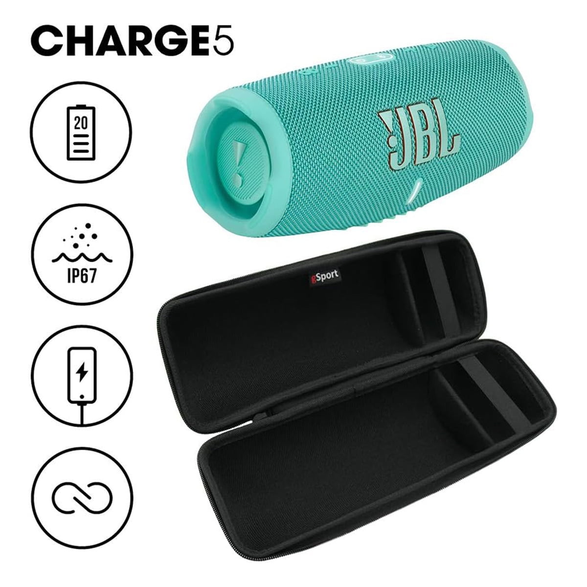 JBL Charge 5 Waterproof Portable Bluetooth Speaker with gSport Carbon Fiber Case (Teal)  (图2)