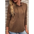 thumbnail image 4 of Solid Color Cable Knit Drop Shoulder Drawstring Hoodie for Women Brown Large, 4 of 5