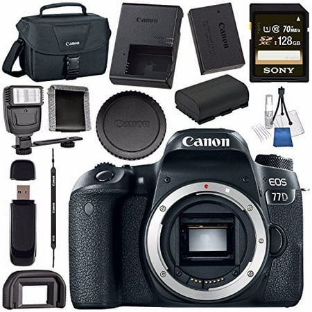 Canon EOS 77D DSLR Camera (Body Only) 1892C001 + Sony 128GB SDXC Card + LPE-17 Lithium Ion Battery + Universal Slave Flash unit + Canon 100ES EOS shoulder bag + Card Reader + Memory Card