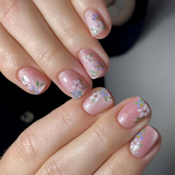 24Pcs Square Glossy Designs French Fake Nails Acrylic False Nails,Artificial Nails Glues on Nails Women