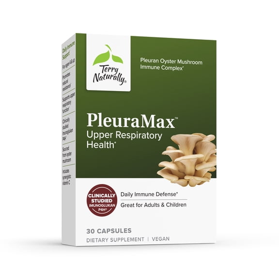 Terry Naturally PleuraMax - Upper Respiratory Health Supplement - Sourced From Oyster mushrooms - Includes Vitamin C for Immune Support - Vegan & Non-GMO - 30 Capsules (30 Servings)