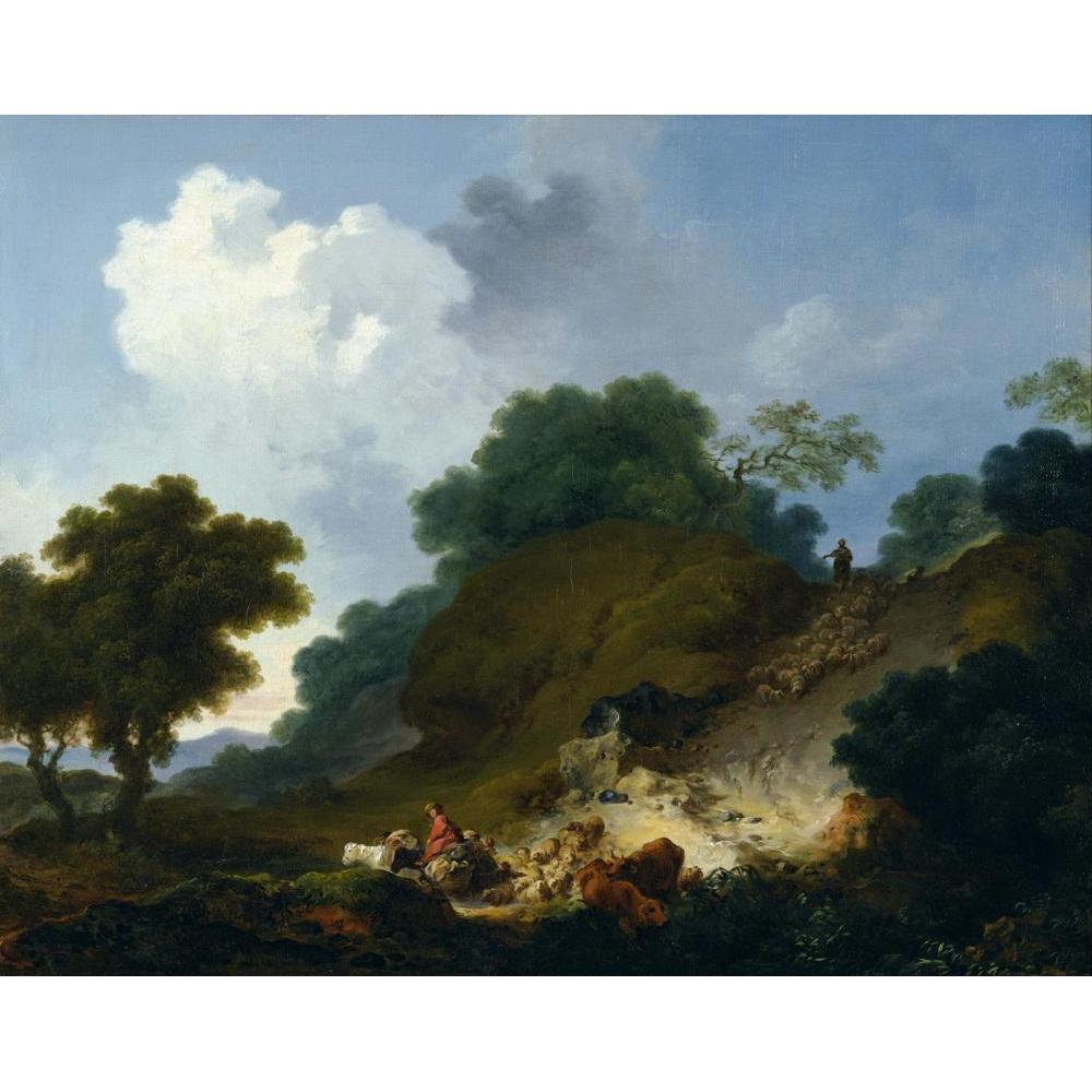 Jean-Honoré Fragonard 14x12 Black Modern Framed Museum Art Print Titled - Landscape with Shepherds and Flock of Sheep