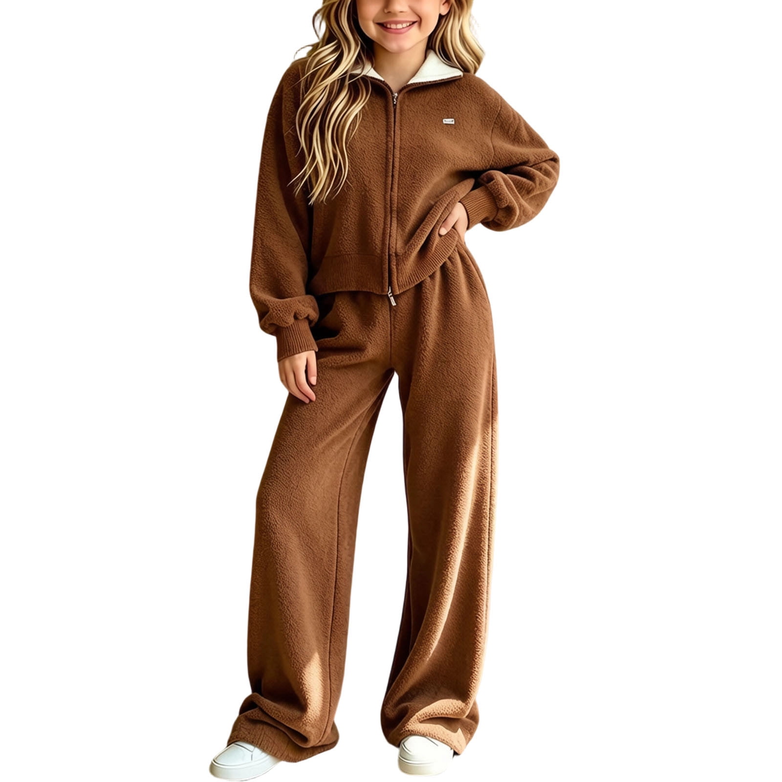 Hduncf Sweatsuits Girls 2 Piece Outfit Zip Up Hoodie and Sweatpants Set Fall Long Sleeve Tracksuit and Wide Leg Sweatpants Brown 7-8 Years