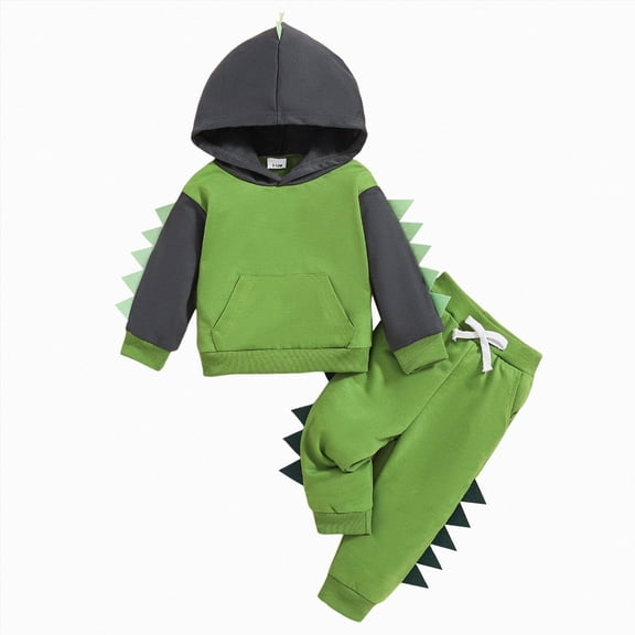 Staki Infant Baby Boy Outfit Dinosaur Long Sleeve Hoodie Sweatshirt Tops with Pants Set 2Pcs Fall Winter Clothes(Green,9-12 Month)