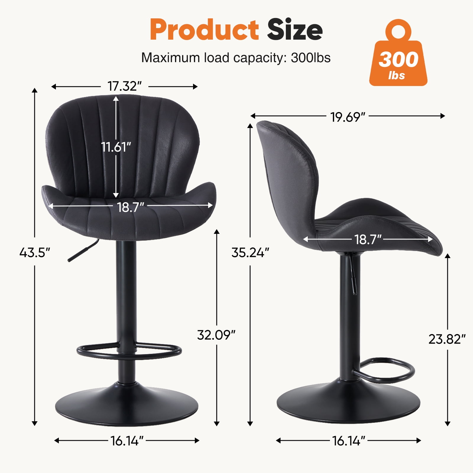 EDX Bar Stools Set of 2, Modern Adjustable Armless Swivel Counter Stools with PU Leather, Black