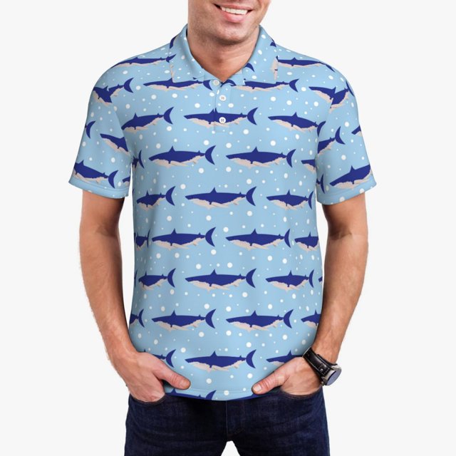 Fotbe Cute Shark Camiseta Polo de Golf para Hombre con Estampado – Camisa Deportiva Transpirable con Cuello Abotonado-Medium