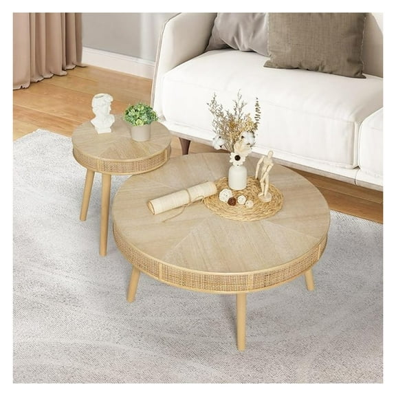 Farmhouse Round Coffee Table, Rustic Sofa Side Tea Tables Nesting Center Table Set with Handmade Rattan for Living Room, French Country Decor, Natural, 2Pack