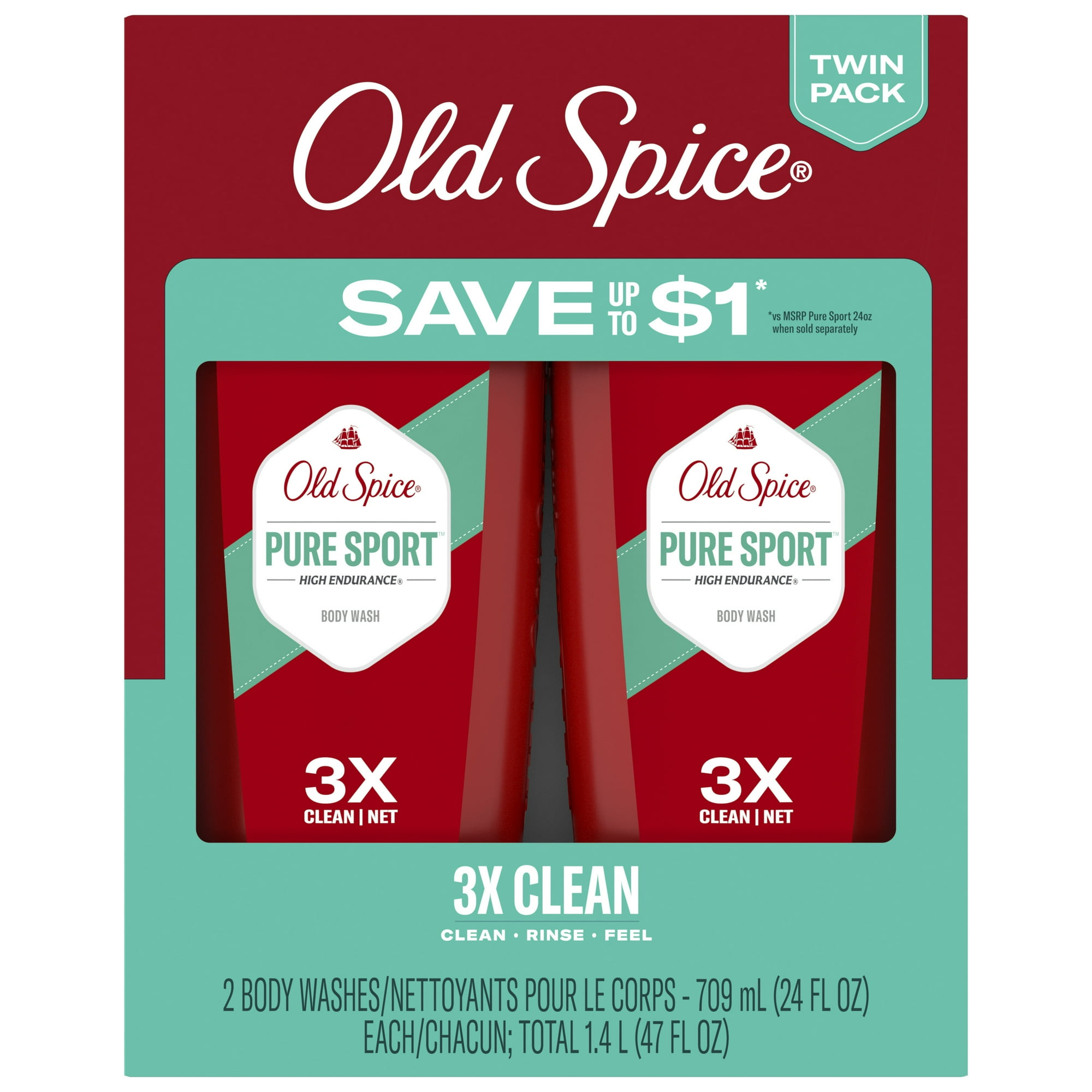 Old Spice High Endurance Men's Body Wash, Pure Sport, 24 fl oz (2 Pack)
