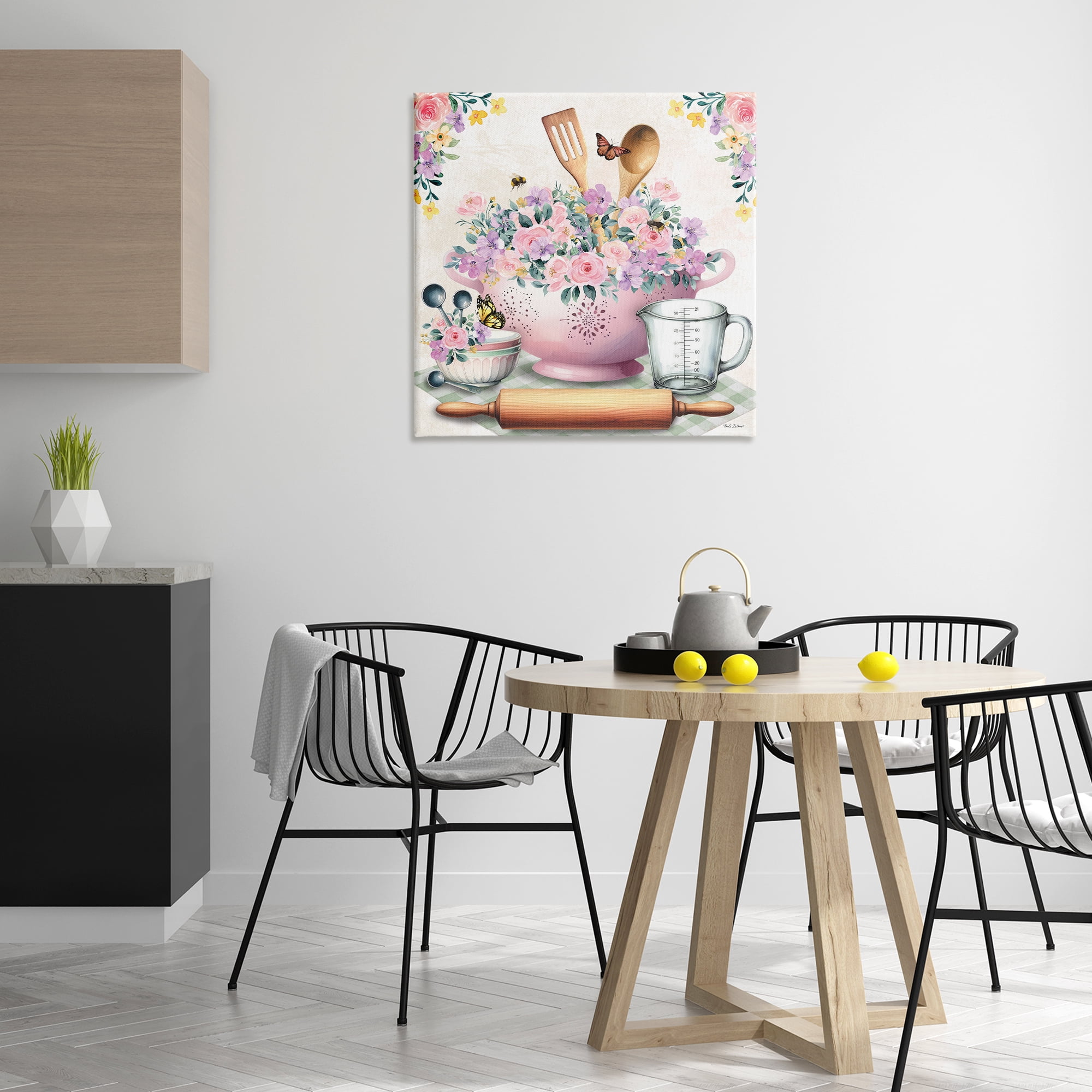 Stupell Industries Pink Florals & Utensils Food & Beverage Painting Wrapped Canvas Art Print Wall Art, 30 x 30