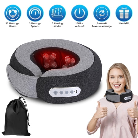 Rechargeable Neck Massager Pillow with Heat - Shiatsu 3D Kneading for Neck, Shoulder & Back Pain Relief, 3 Speeds & 2 Heat Settings (104 ℉ -122 ℉ ), Portable for Home, Office, Travel & Car, Grey
