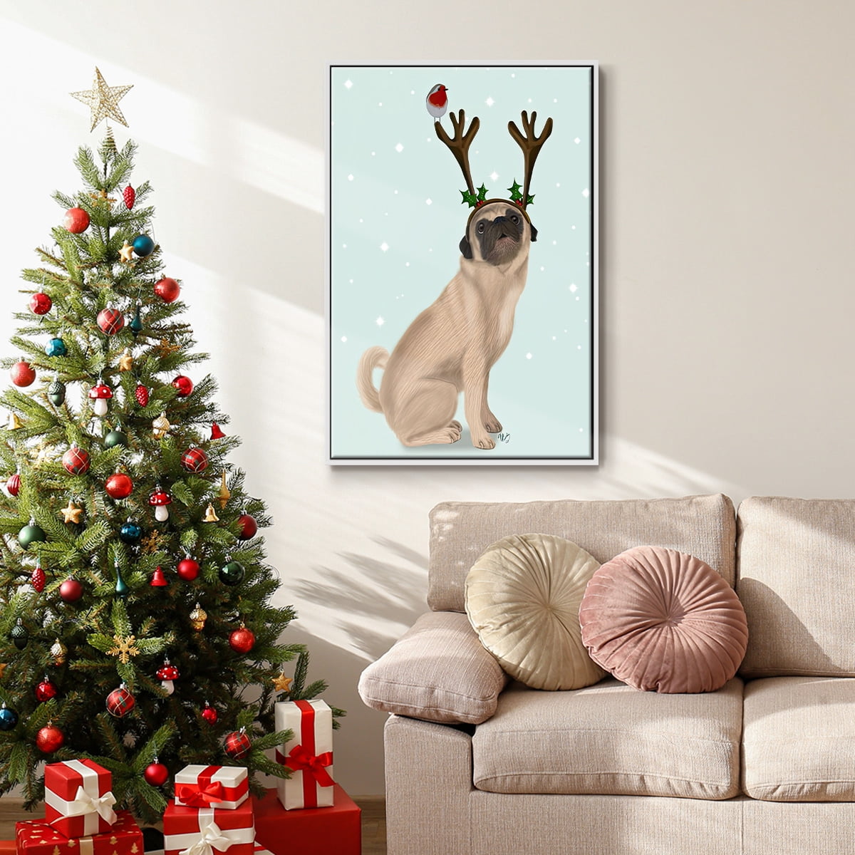 Christmas Pug with Antlers and Robin - Framed Gallery Wrapped Holiday Canvas - 25 x 37 - White Frame