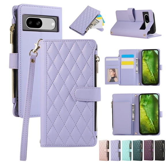 Allytechgroup Google Pixel 8 Wallet Case with Cards Holder Zipper Pocket, RFID Blocking Hand Wrist Shoulder Strap Stylish Girls Women Phone Case for Google Pixel 8, Lightpurple
