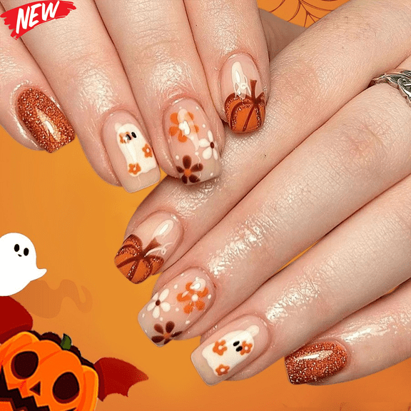 24PCS Short Square Cute Ghost Pumpkin Press On Nails, Nude Floral Orange Glitter Halloween Fake Nails, Reusable Fall False Nail Tips, DIY Manicure for Thanksgiving Halloween Women