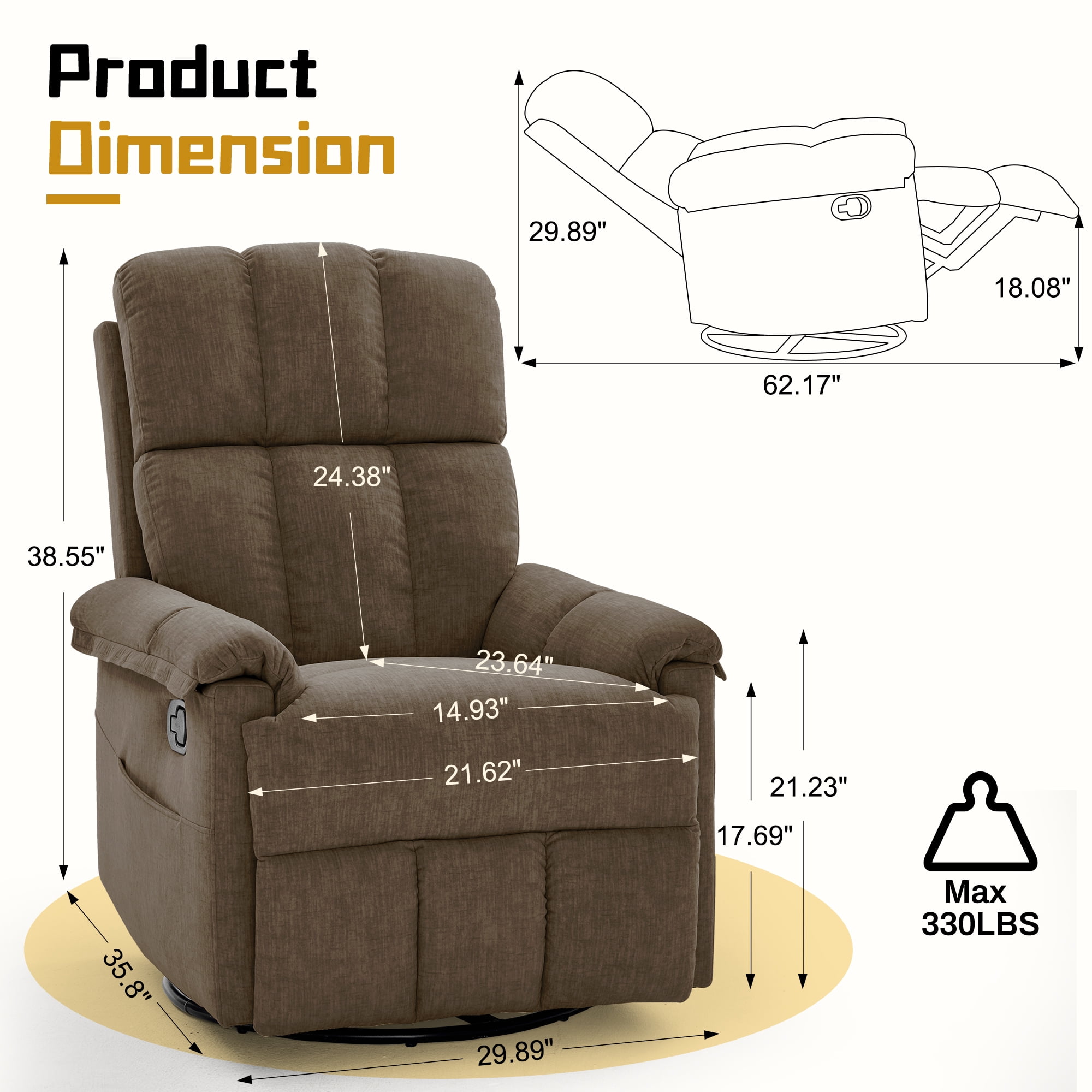 Korser 360°Swivel Recliner Chair for Adults with Side Pockets,Small Rocking Recliner for Small Spaces for Living Room,Nursery,Brown