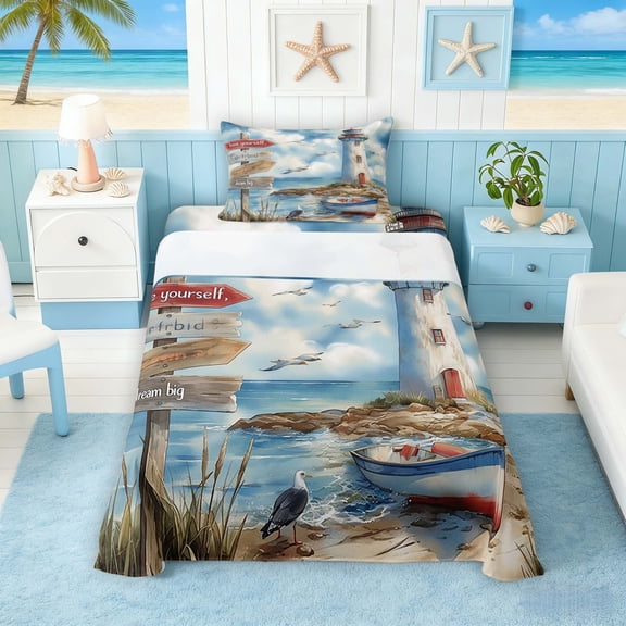 Manfei Watercolor Lighthouse Beach Twin Sheet Sets for Kids Boys and Girls, Nautical Bedding 3 Pieces, 1 Flat Sheet, 1 Fitted Sheet and 1 Pillowcase