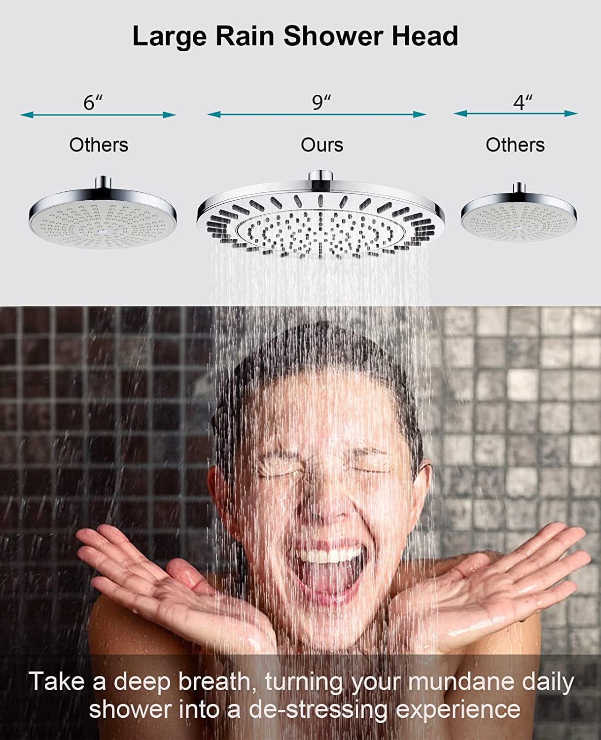 BRIGHT SHOWERS Rain Shower Head, 9 inch High Pressure Waterfall Showerhead with Adjustable Angle and Anti-clogging Silicone Nozzles, Luxury Bathroom Overhead Rainfall Shower Head, Brushed Nickel