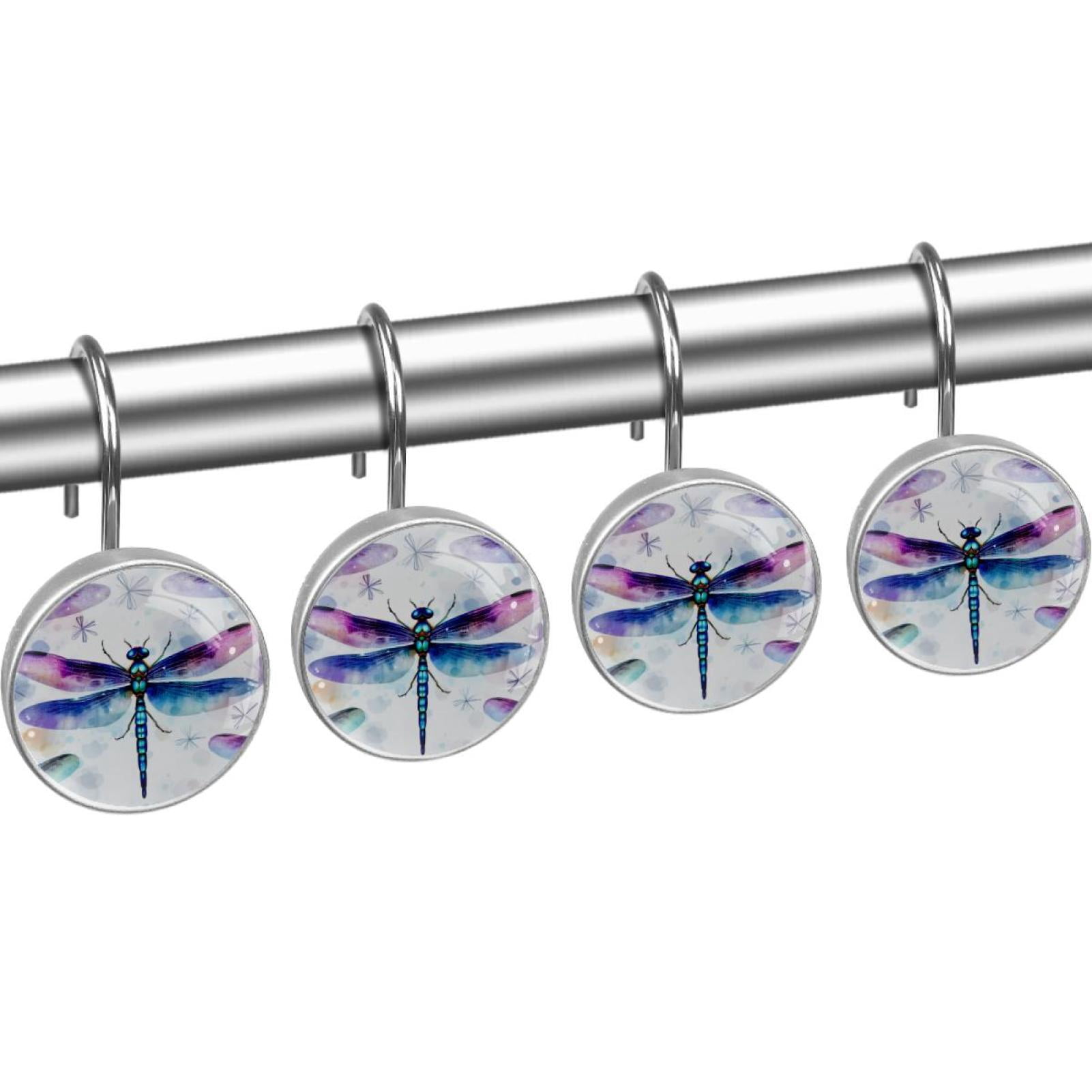 Dragonfly Shower Curtain Hooks （Set of 12） for Home Hotel Shower Rods Bathroom Crystal Glass Print Stainless Steel Round Curtain Hooks