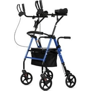 ELENKER Stand Up Folding Rollator Walker, Aluminum Upright Rollator Walker with Seat and Backrest for Seniors, Blue