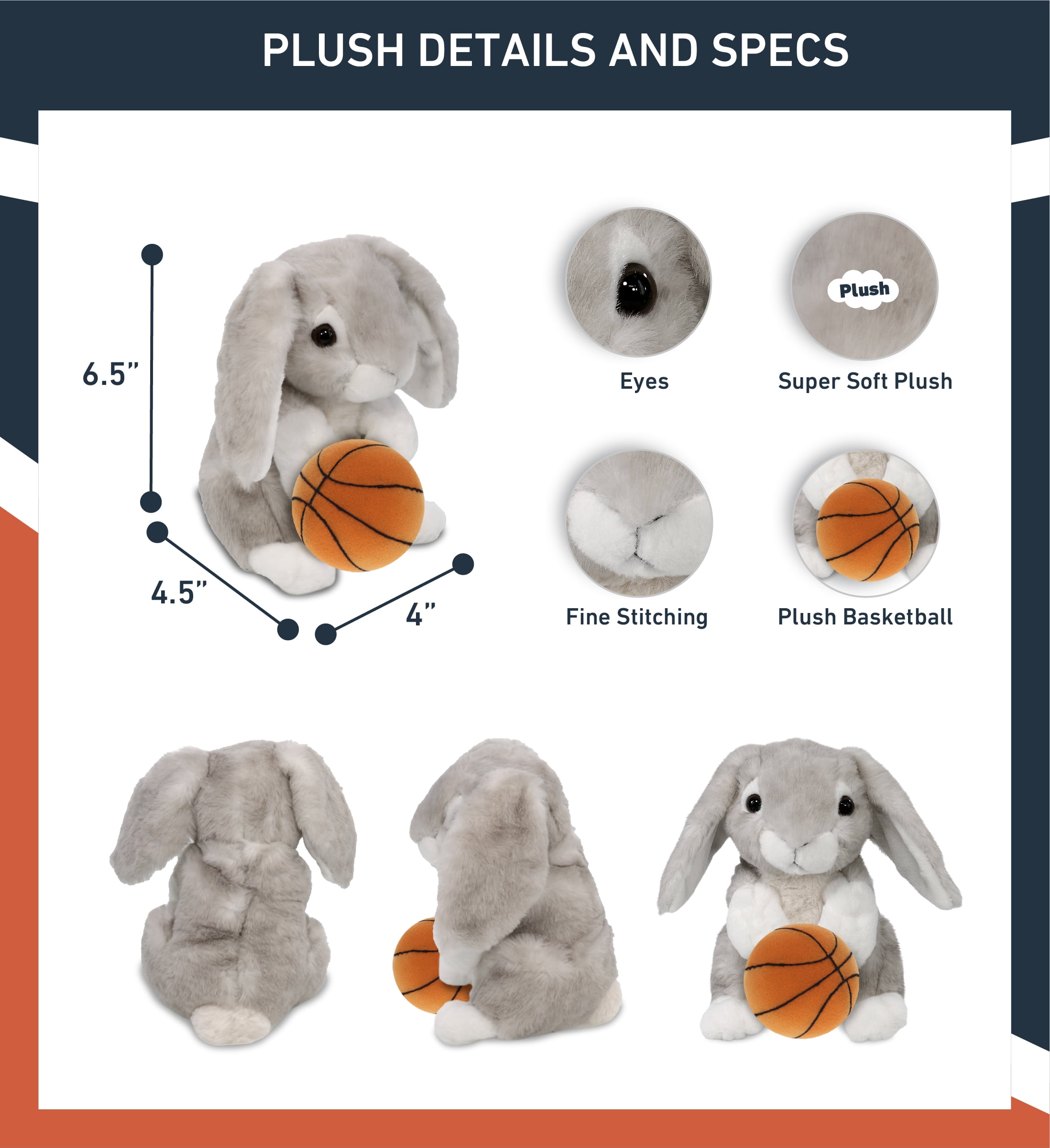 DolliBu Grey Rabbit Stuffed Animal with Basketball Plush – Soft Huggable Rabbit, Adorable Playtime Rabbit Plush Toy, Cute Farm Life Gift, Plush Doll Animal Toy for Kids and Adults – 6.5 Inches