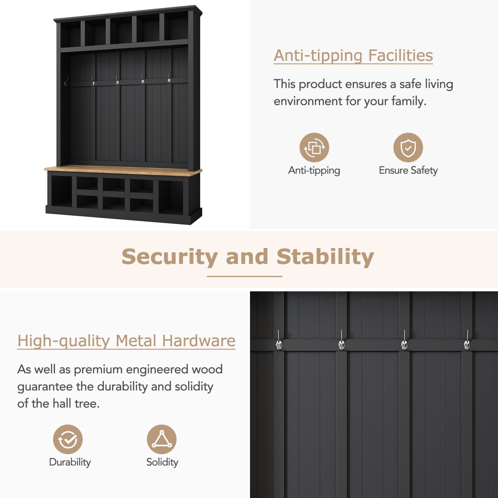 Farmhouse Hall Tree with Storage Bench, Entryway Coat Rack with 13 Shoe Compartments, 6 Hooks, Mudroom Organizer with Seating Bench, Black