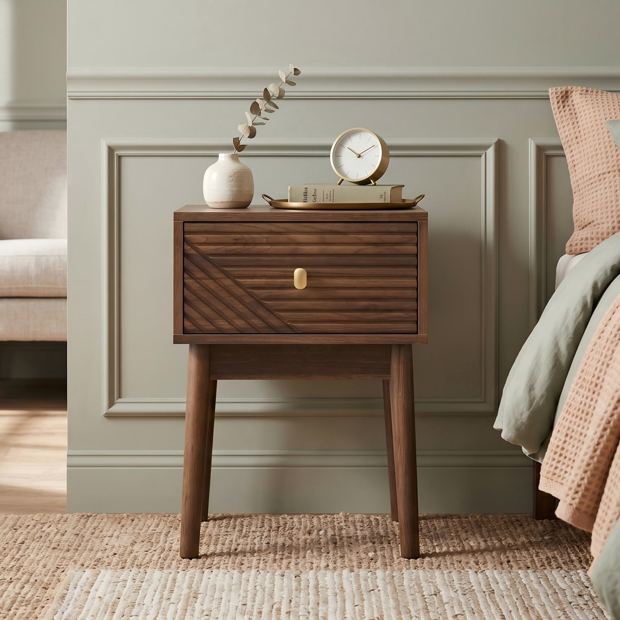 Sailvan Mid-Century Modern Walnut Bedside Table 2-Piece Set, with Metal Handles for Bedroom
