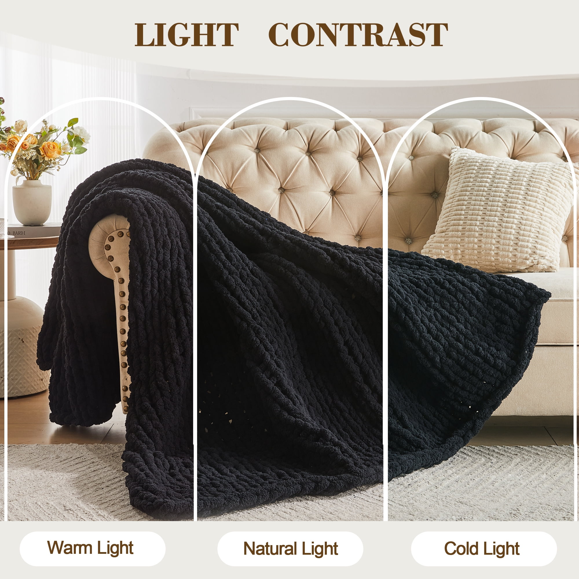 Carriediosa Chunky Knit Throw Blanket Handmade Soft Throws for Couch Sofa Bed, 50" x 60" Black