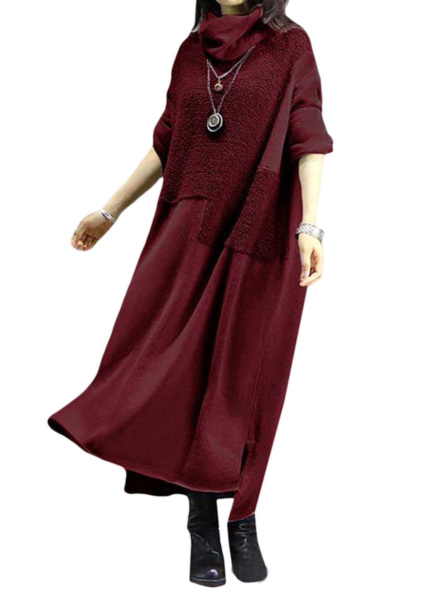 Feiwo Plus Size Women Winter High Neck Long Sleeve Maxi Jumper Dress Ladies Turtleneck Oversized Casual Loose Warm Long Pullover Dresses Size M-5xl,