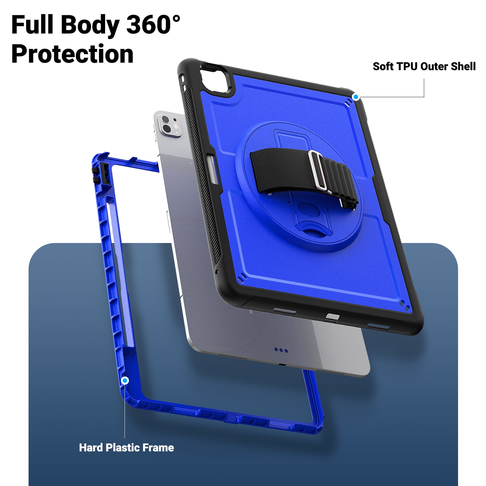 ELEHOLD Case for Apple iPad Pro 13 2024,Soft TPU Rugged Durable Case with 360° Rotating Hand Strap & Foldable Hidden Stand & Pencil Holder,Darkblue
