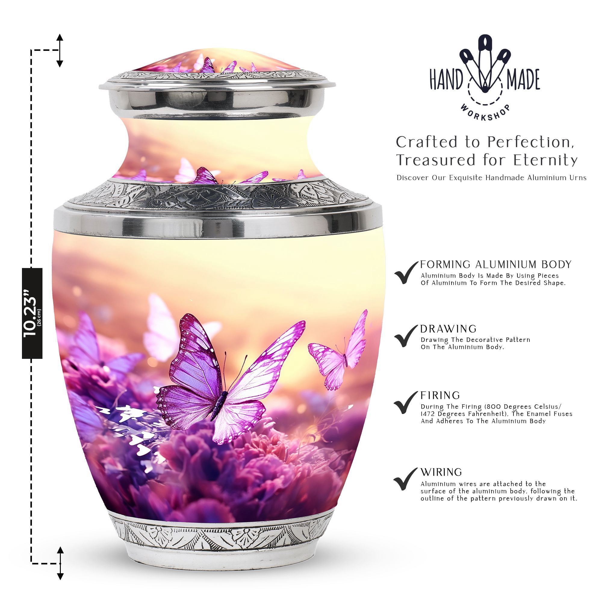 Purple Butterflies Urn for Human Ashes, Large Decorative Urns for Ashes Adult Female, Memorial Funeral Urns for Ashes Adult Male, Purple Butterfly Pattern for Cremation, 10 Inch