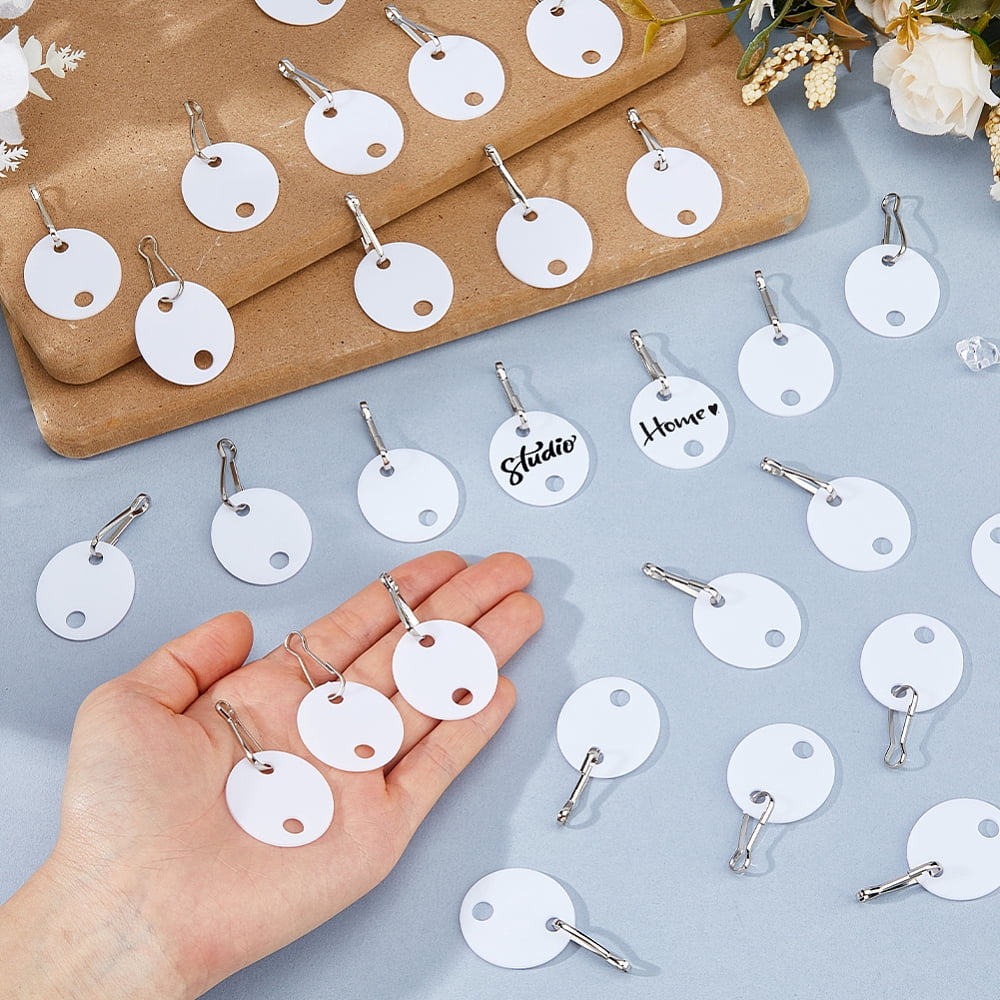 120Pcs PP Plastic Key Chain Tags with Iron Snap Hooks Double Sided Writable Tags Flat Round White 52mm